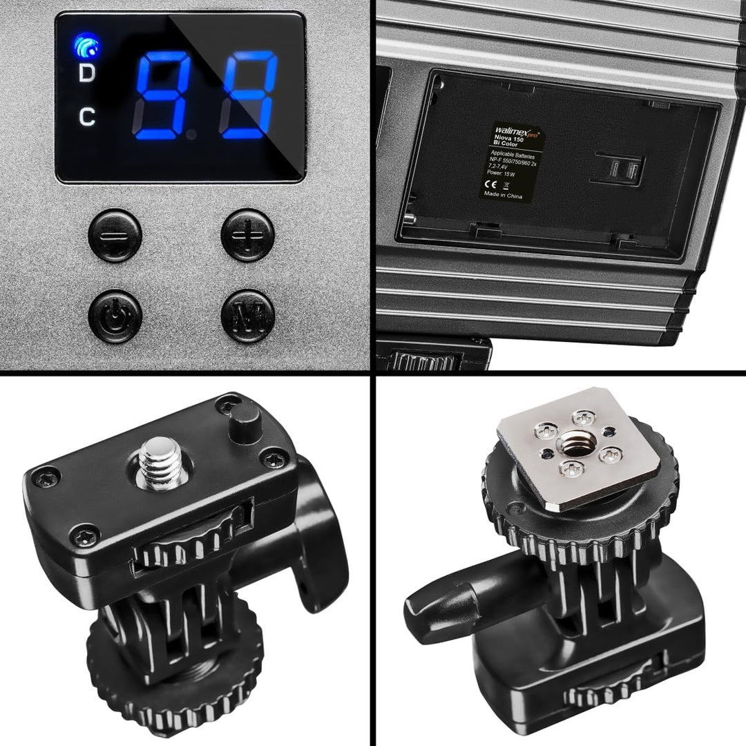 Walimex pro dimmbare On-Camera LED Videoleuchte & Fotolicht + Akku I 3.200-5.600K, 15W, 1500 LM I mo