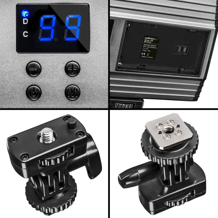 Walimex pro dimmbare On-Camera LED Videoleuchte & Fotolicht + Akku I 3.200-5.600K, 15W, 1500 LM I mo