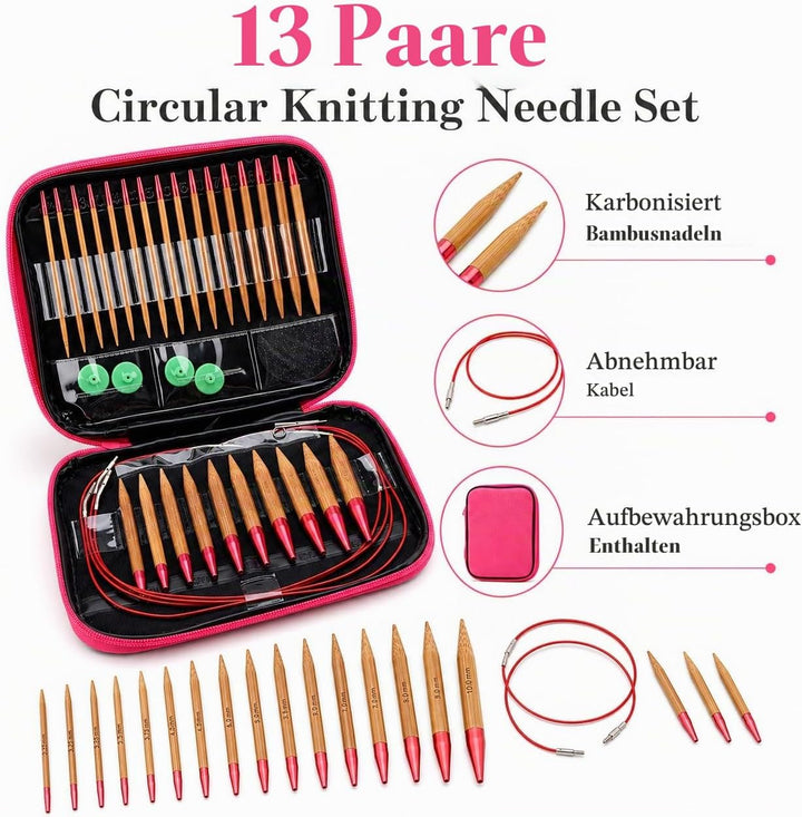LetCart STRICKNADELN Set- Austauschbares Set aus kohlensäurehaltigen Bambusnadeln Ringset aus Alumin
