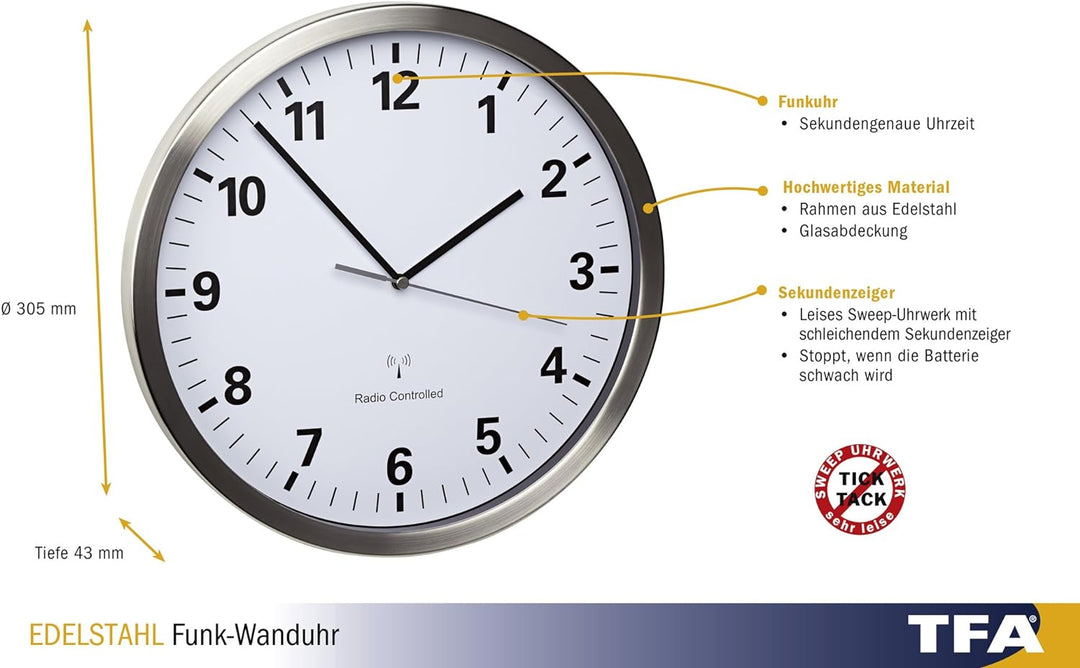 TFA Dostmann Analoge Wanduhr Funk, mit Edelstahl Rahmen, gross, 30cm Durchmesser, weiss, 60.3523