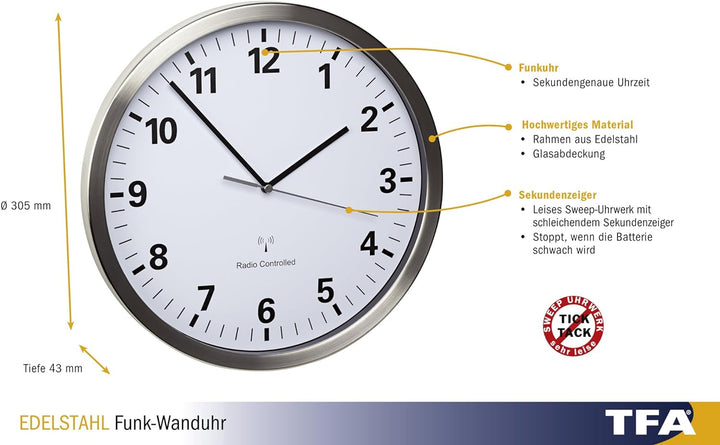 TFA Dostmann Analoge Wanduhr Funk, mit Edelstahl Rahmen, gross, 30cm Durchmesser, weiss, 60.3523