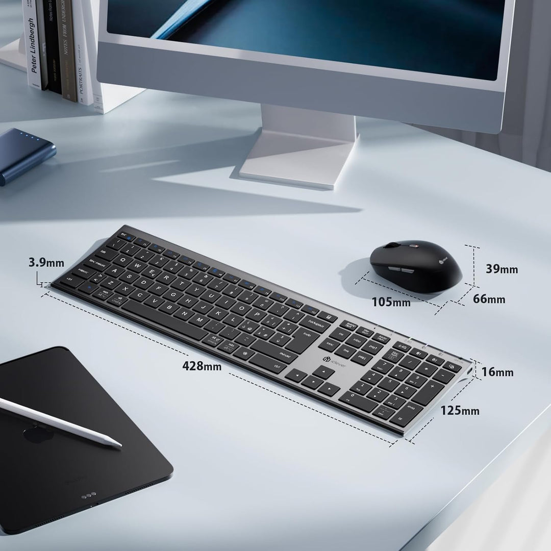 iClever Kabellose Bluetooth-Tastatur und Maus, Dual-Modus (Bluetooth + 2,4 G), wiederaufladbar, ital