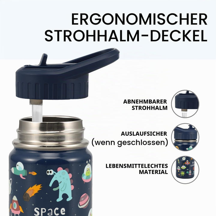 SANTECO Trinkflasche Kinder Edelstahl 350ml mit Strohhalm Auslaufsicher - Kinder Thermosflasche BPA-