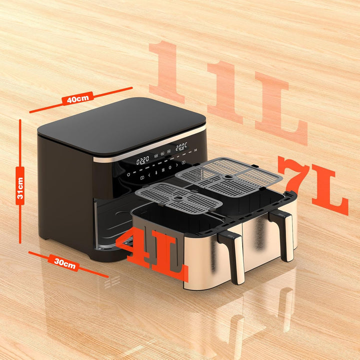 Heissluftfritteuse Doppelkammer XXL 11L - 2600W Airfryer mit 10 Programmen, 7/4L Fassungsvermögen, S