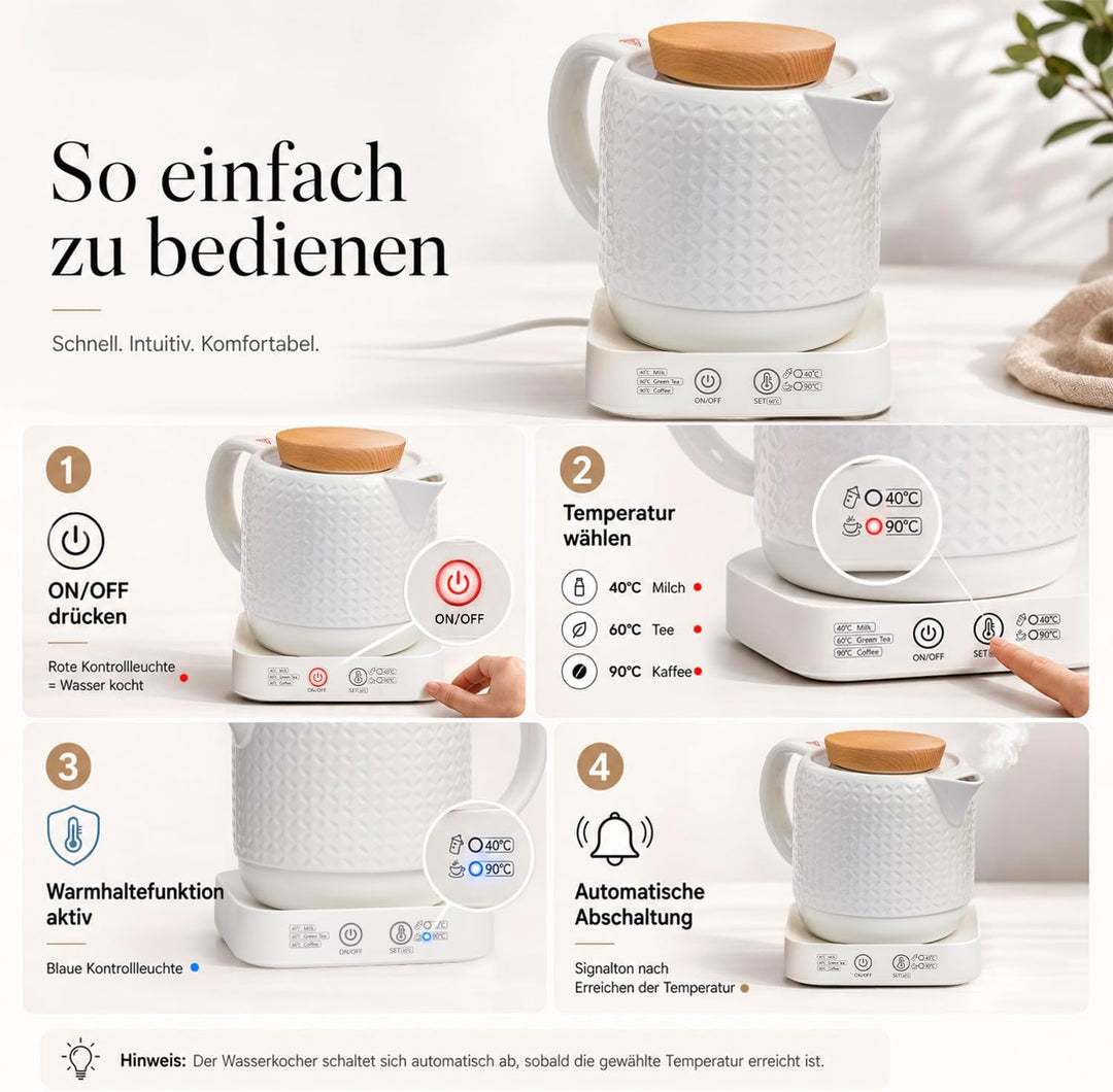 Elysium Wasserkocher Keramik 1L, elektrischer Wasserkocher mit Temperatureinstellung 40/60/90 °C, Wa