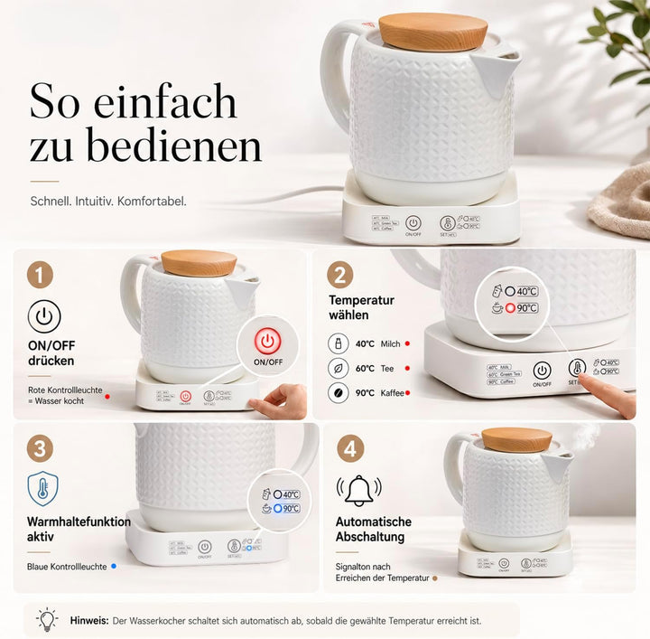 Elysium Wasserkocher Keramik 1L, elektrischer Wasserkocher mit Temperatureinstellung 40/60/90 °C, Wa