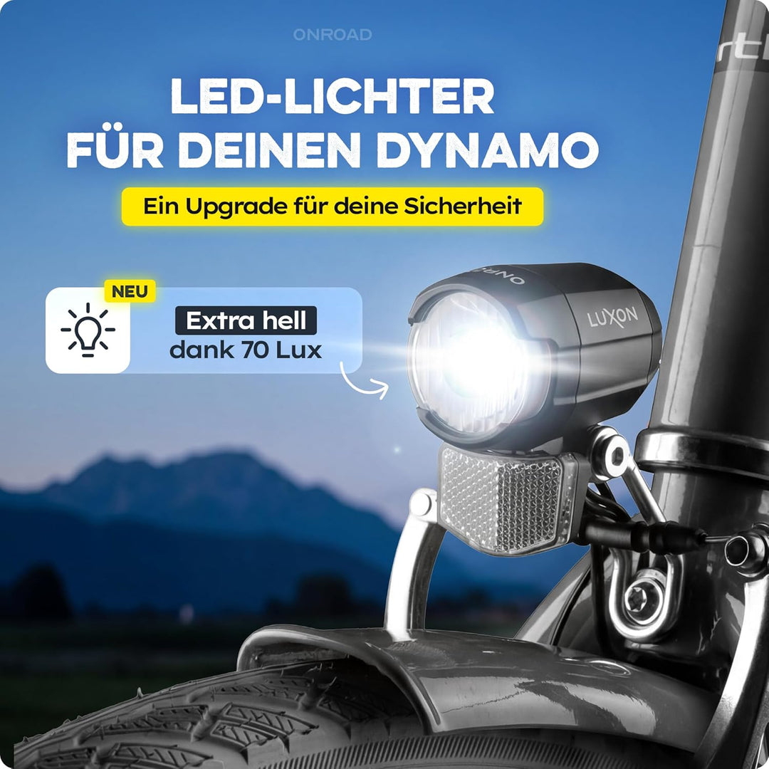 LED Fahrradlicht Dynamo 70 Lux - Fahrradlicht Set LUXON mit Automatischer Lichtanpassung & Standlich