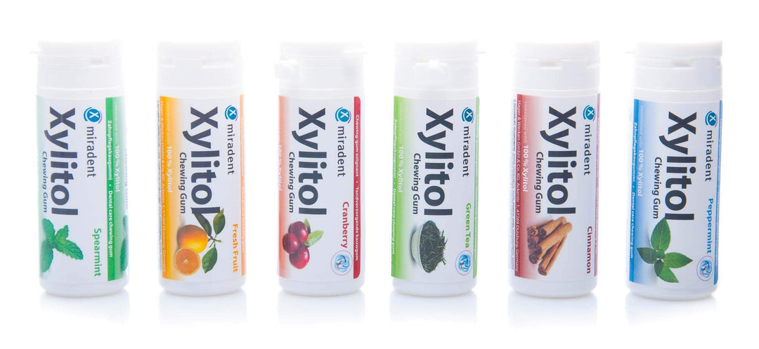 Miradent Xylitol Kaugummi, 6er Pack (Pfefferminze, Spearmint, Grüner Tee, Cranberry, Frucht, Zimt) 6