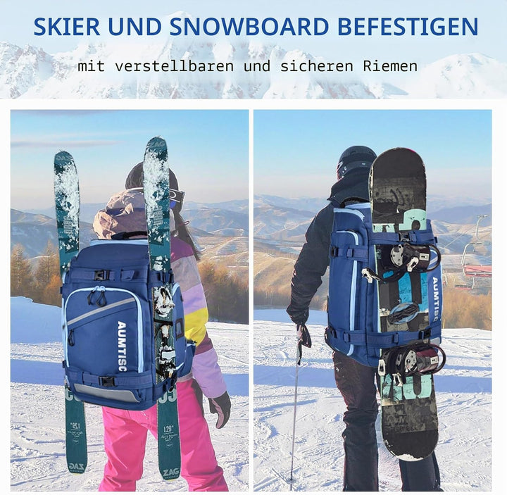 AUMTISC Skischuhtaschen mit Helmfach und Rucksackgurten, Skirucksack Skischuhrucksack mit Helmtasche