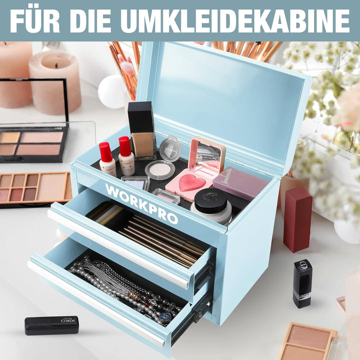 WORKPRO Metall Schubladenbox mit 2 Schubladen & Oberer Stauraum Hellblau, 27,5x15x20,8cm Tisch Organ