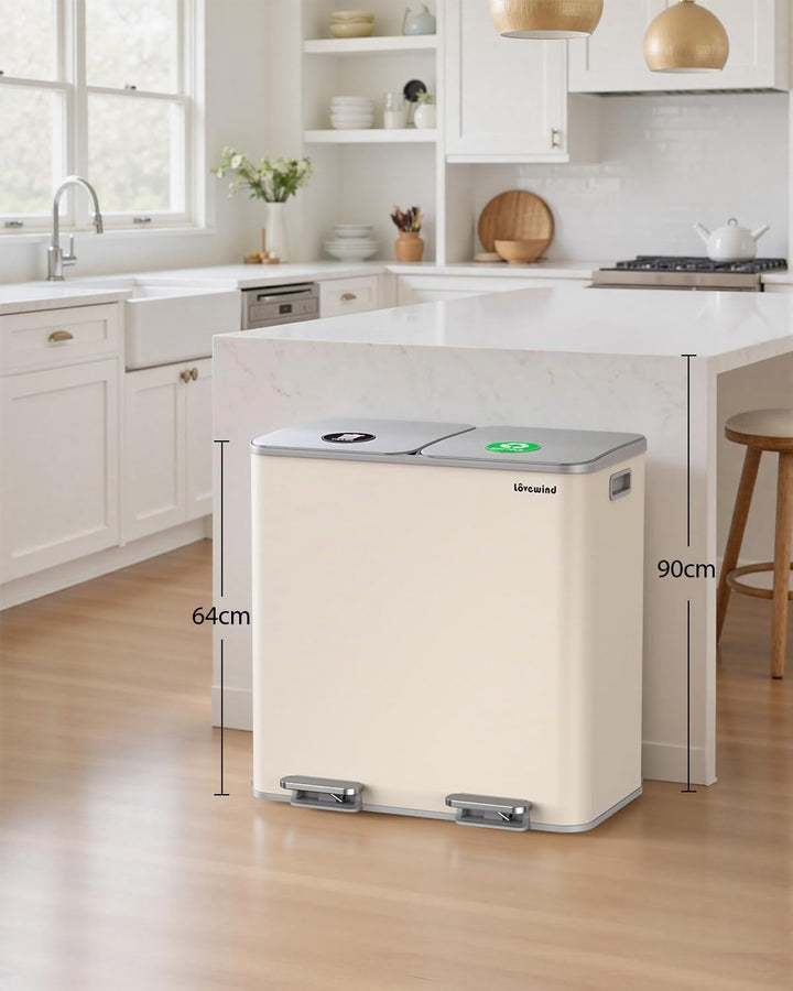 lovewind Mülleimer, 2 x 40L Mülleimer Küche,Doppeleimer für Recycling und Abfall,Soft Beige,Mülleime