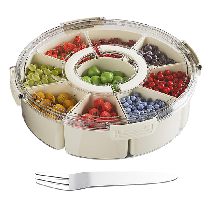 Snackbox mit Fächern, Rund Grosse Snackdose mit 9 Fächern, Deckel, Griff, 4 Gabel, Snackteller mit D