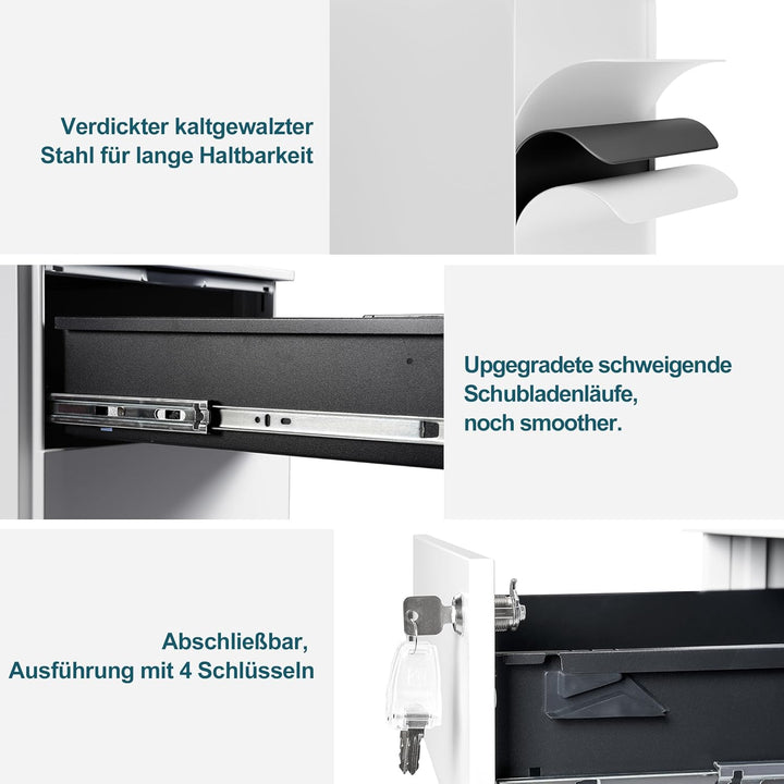 LVSTEEL Rollcontainer mit Schubladen, Mobiler Aktenschrank unter Schreibtisch, Abschliessbarer Büros