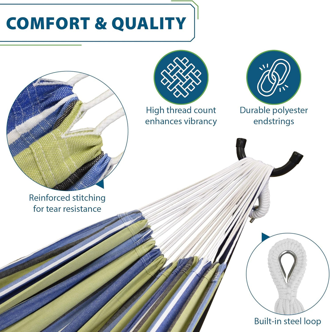Vivere, Oasis Double Cotton Hammock with Space-Saving Steel Stand including carrying bag, Oasis