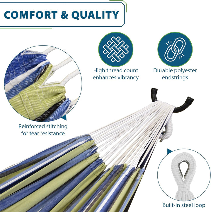 Vivere, Oasis Double Cotton Hammock with Space-Saving Steel Stand including carrying bag, Oasis