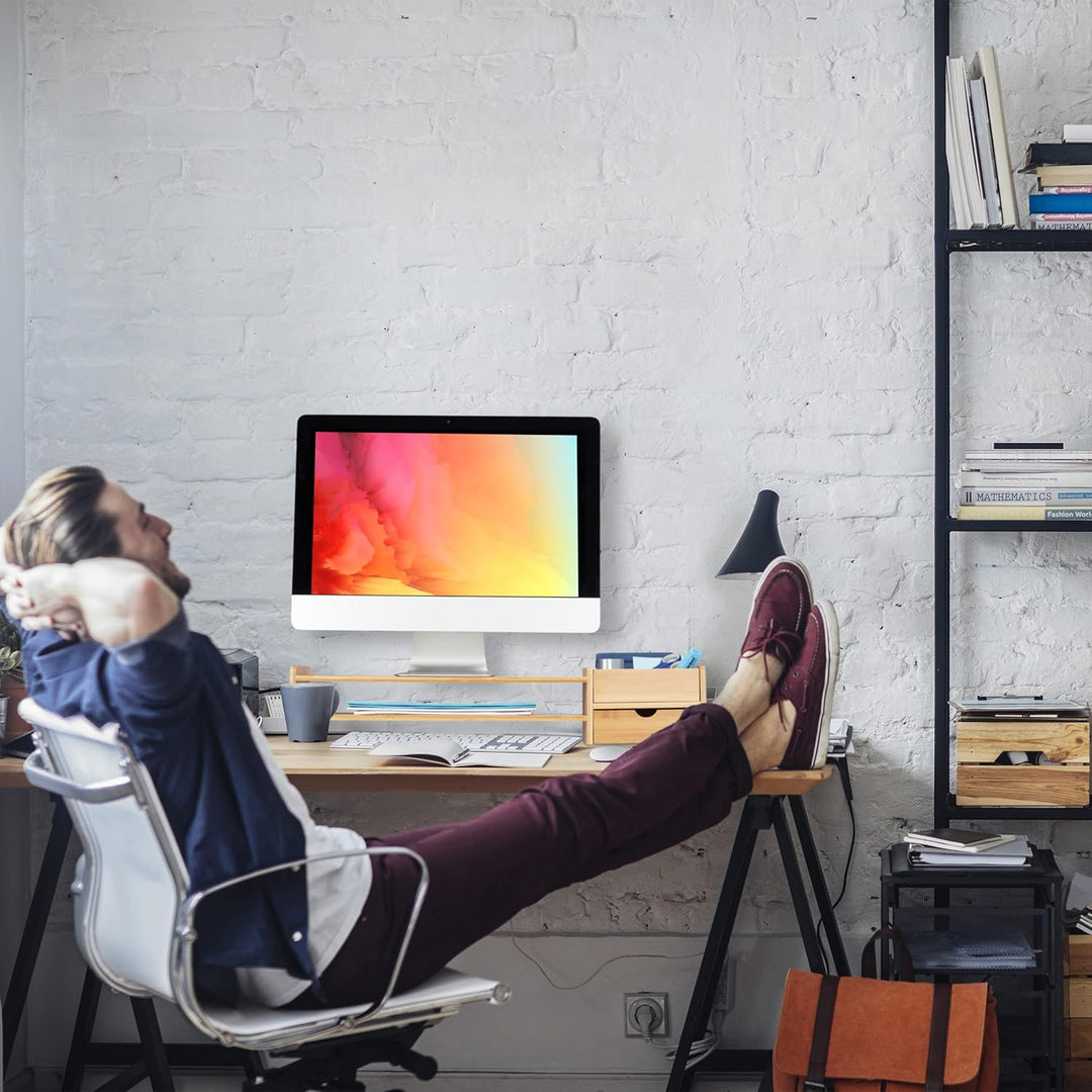 Relaxdays Monitorständer Bambus, Bildschirmerhöhung für Schreibtisch, HBT: 13 x 70 x 19 cm, Schublad