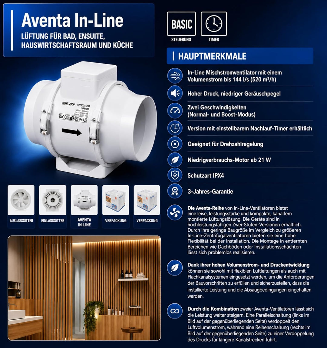 Airflow Aventa 125B In-Line Mischstrom-Extractor Fan – 23W energieeffizient, 61-78 l/s (220-280 m³/h
