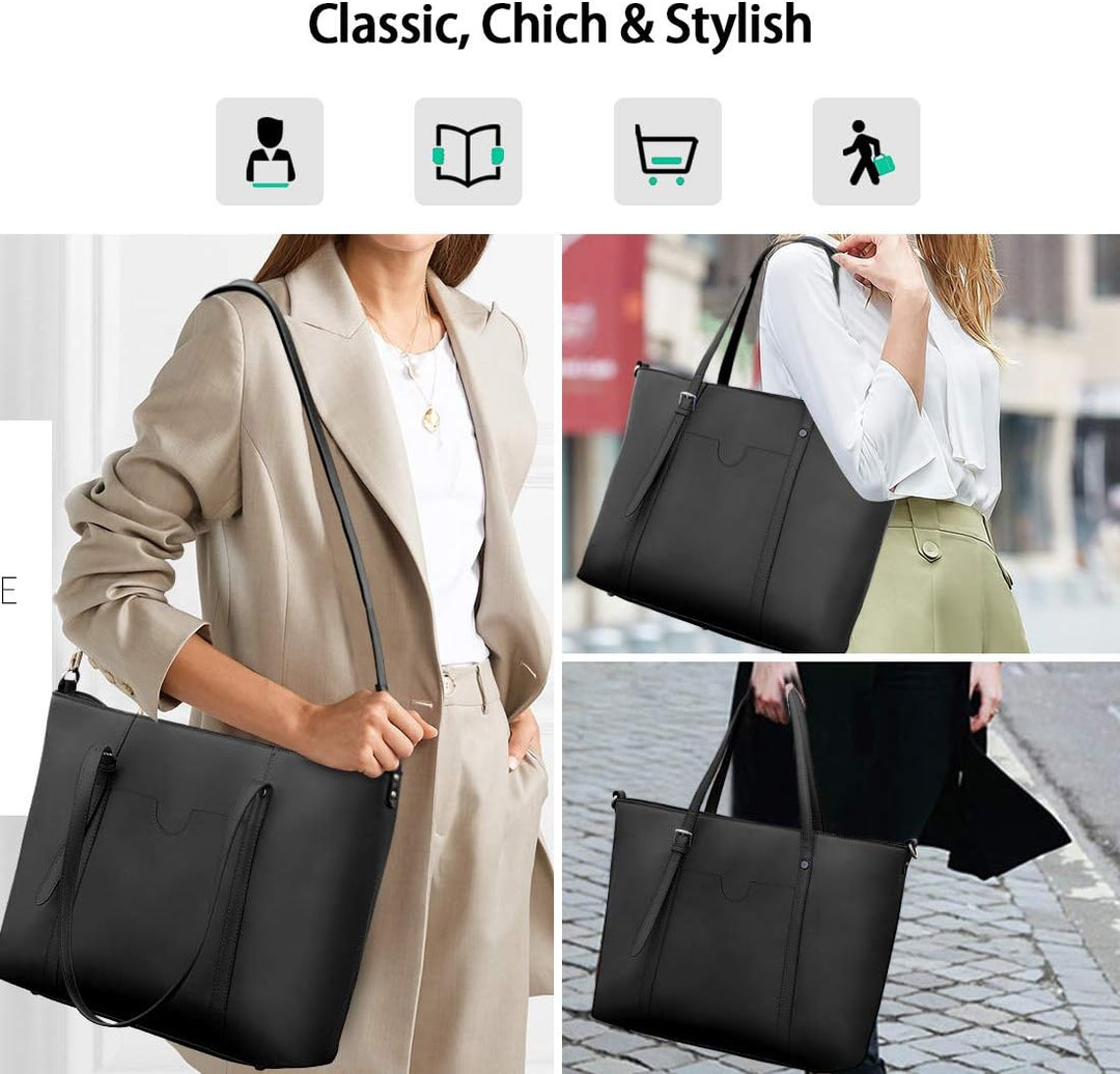 NUBILY Handtasche Shopper Damen Gross 15.6 Zoll PU Leder Shopper Schwarz Laptop Umhängetasche Gross