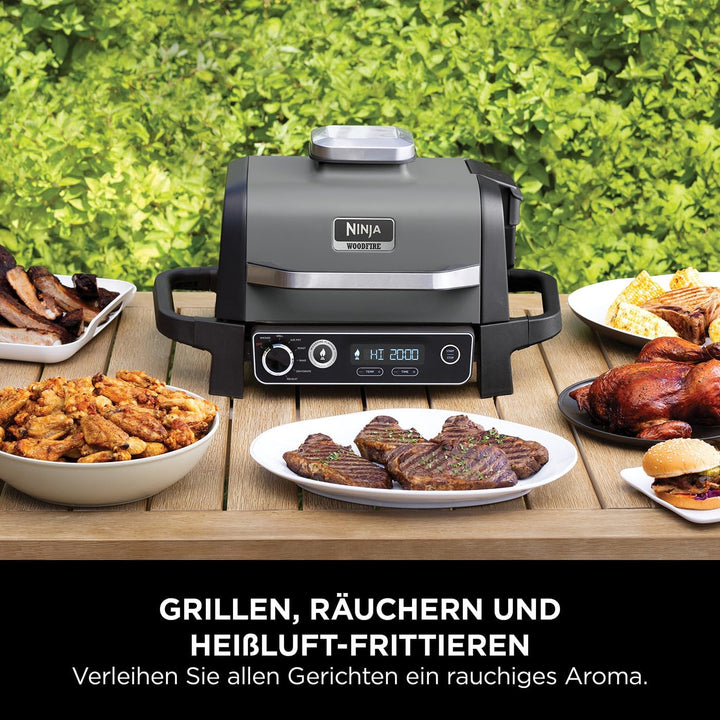 Ninja Woodfire Smoker Grill Elektrisch, Elektrogrill Outdoor, Räucherofen & Heissluftfritteuse, Airf