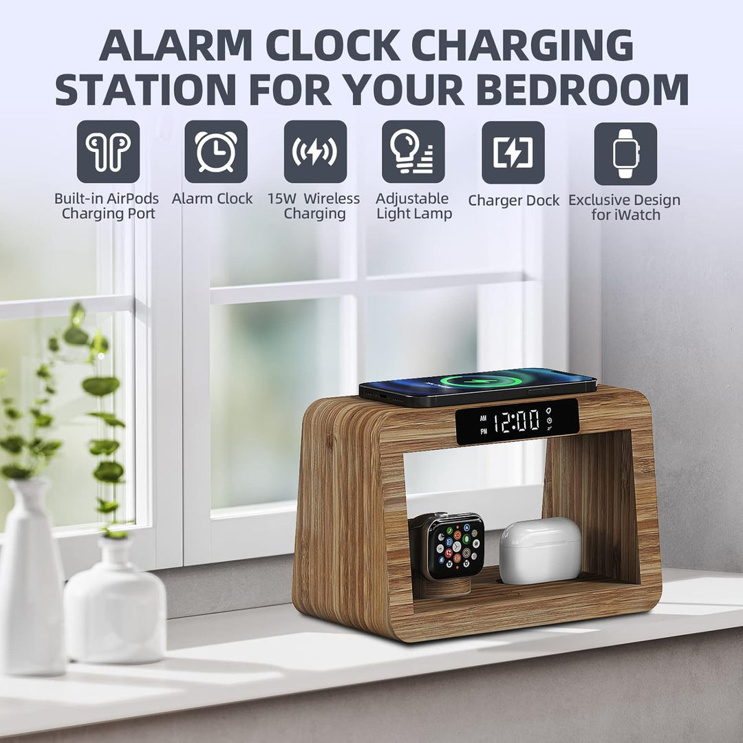 Kabellose 5-in-1-Ladestation, schnelles kabelloses Ladegerät mit digitalem Wecker und Nachtlicht, Ba