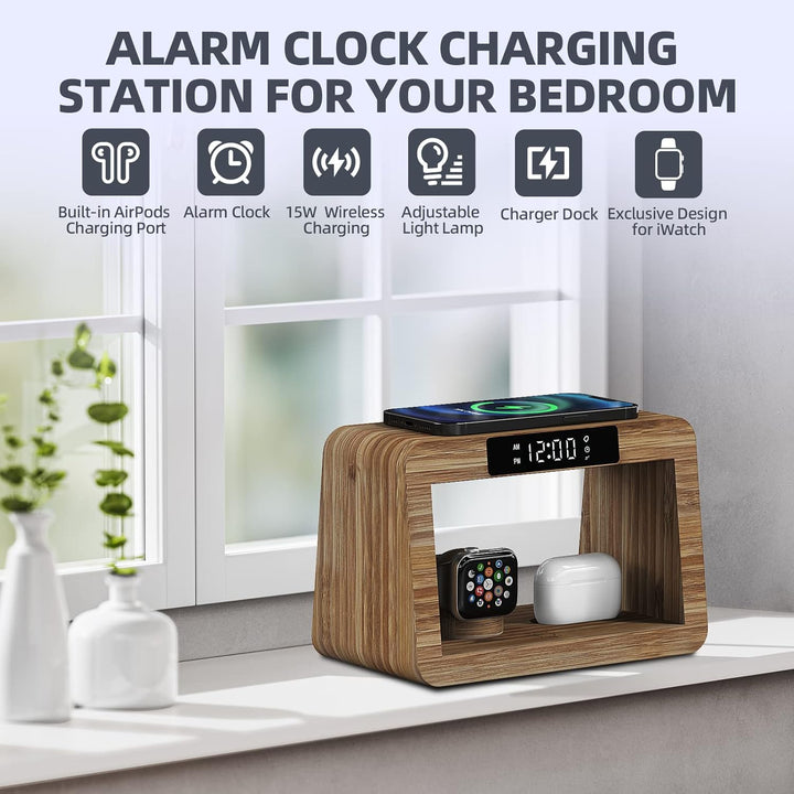 Kabellose 5-in-1-Ladestation, schnelles kabelloses Ladegerät mit digitalem Wecker und Nachtlicht, Ba
