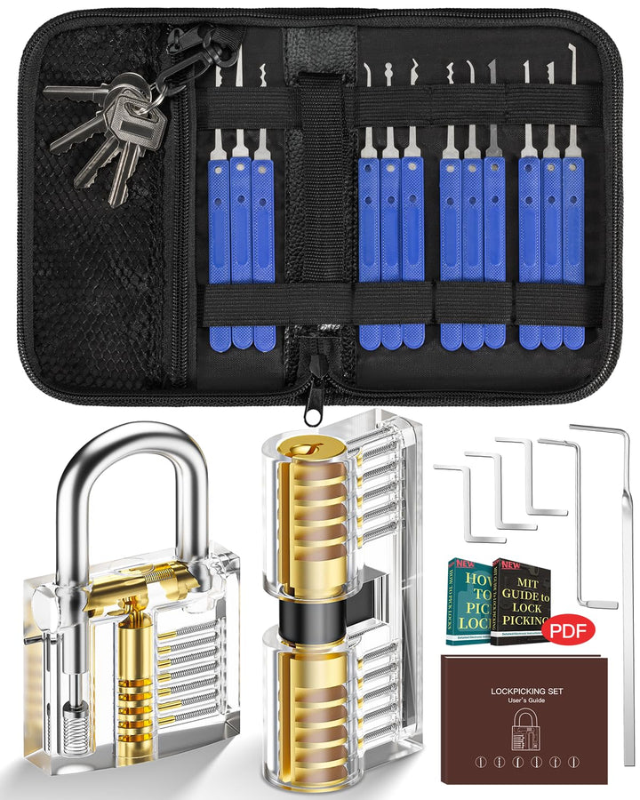 Lockpicking Set, IPSXP 25 Stück Dietrich Set mit 2 Stück Transparent Training Schlössern mit Lederta