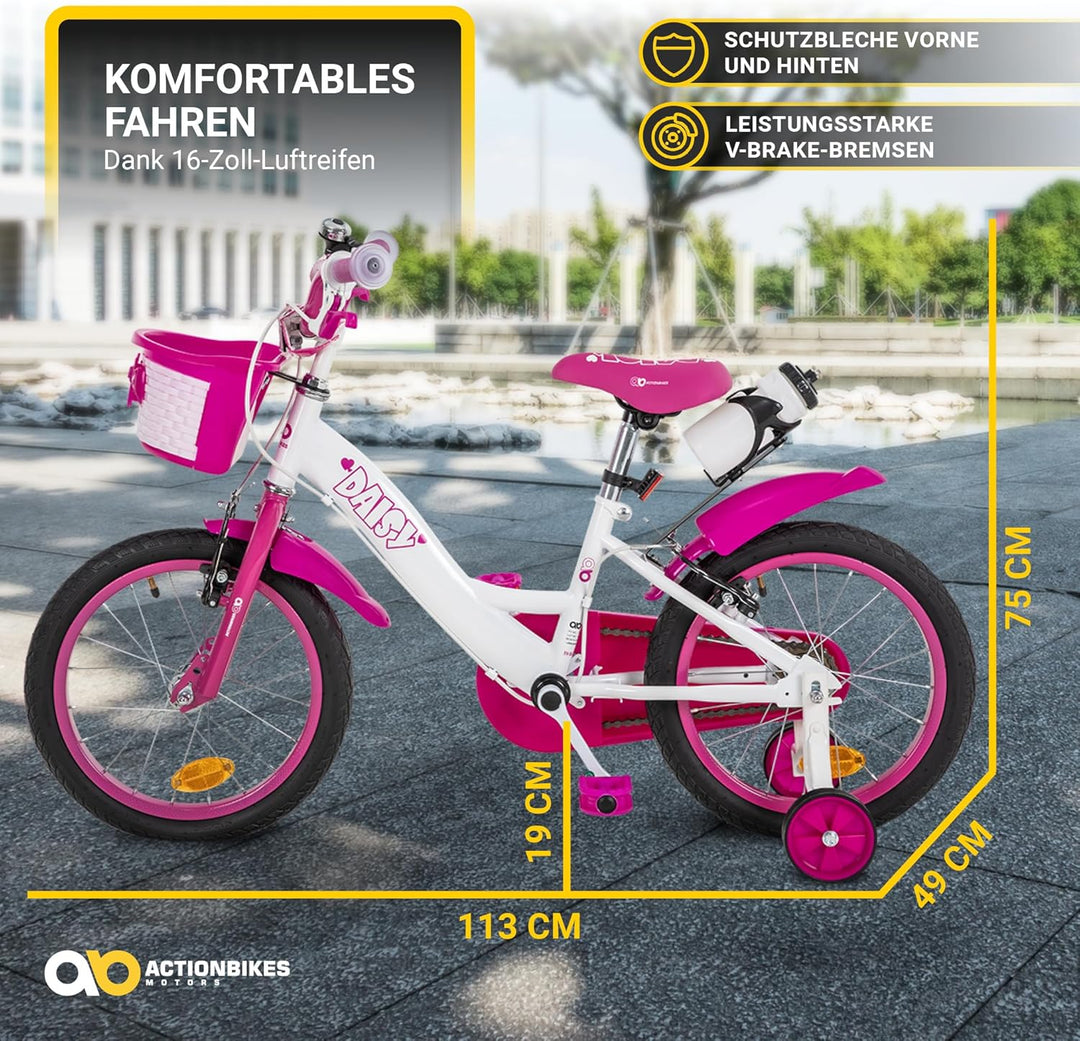 Actionbikes Kinderfahrrad Daisy | 12 Zoll / 16 Zoll / 20 Zoll - V-Brake Bremsen - Schutzblech v. und