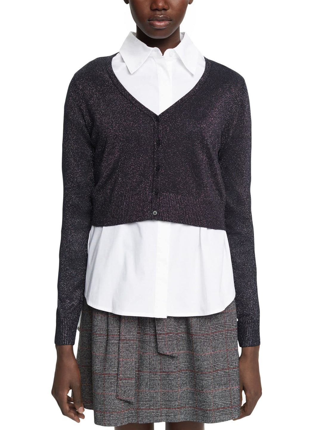 ESPRIT Kurzer Cardigan mit V-Ausschnitt und Glitzer-Effekt L 003/Black 3, L 003/Black 3