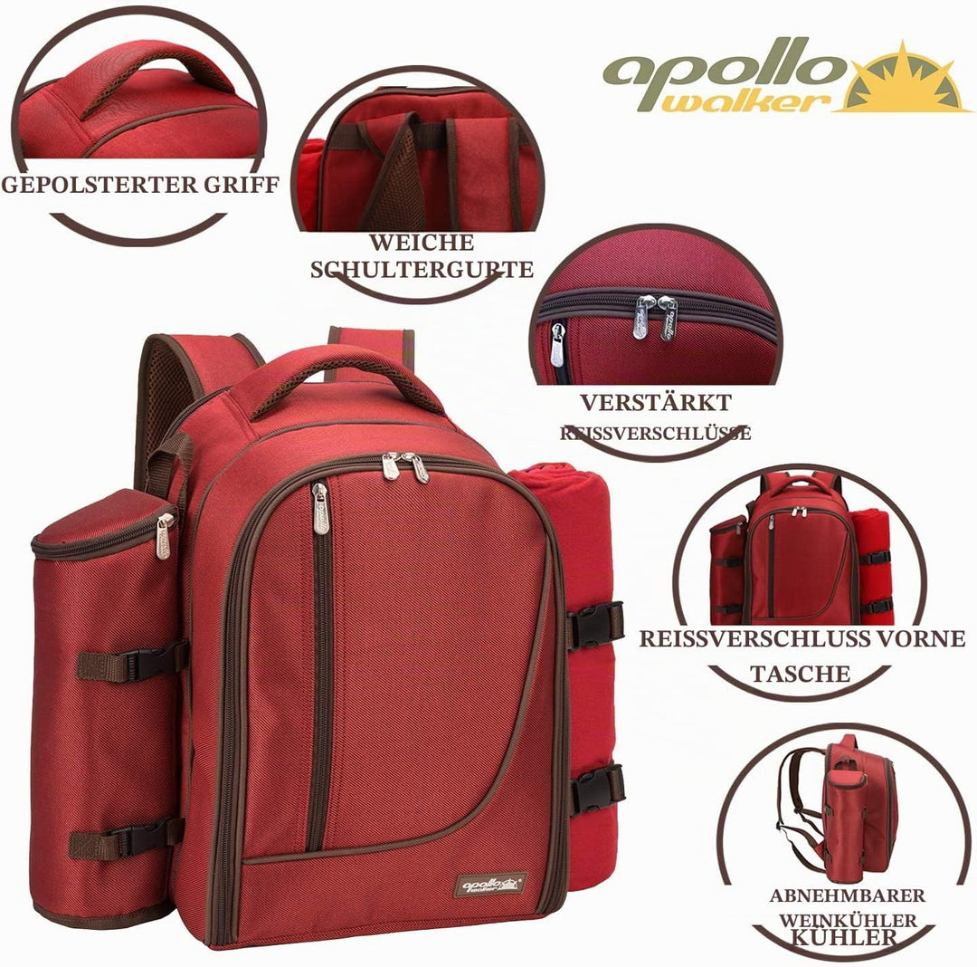 apollo walker 4 Person Picknick Rucksack Hamper Kühltasche mit Geschirr Set & Decke Rot-4