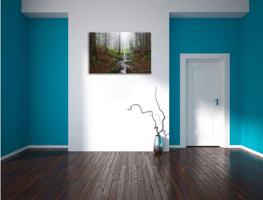 Pixxprint Bach im Wald / 100x70cm Leinwandbild bespannt auf Holzrahmen/Wandbild Kunstdruck Dekoratio
