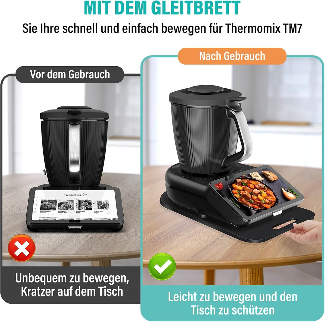 Acryl Gleitbrett für Thermomix TM7 – Mit Einem Griff + Verschiebbar Rutschfest Gummistopfen des Schn