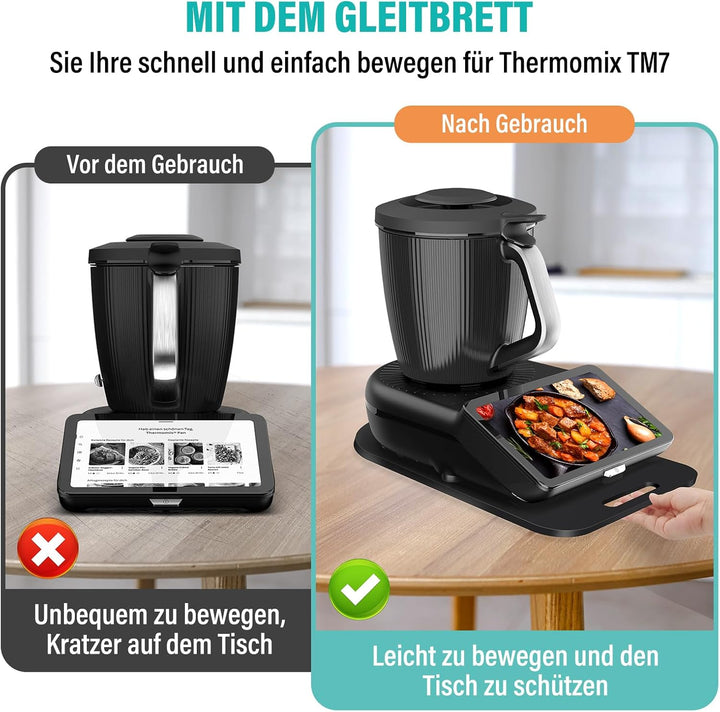 Acryl Gleitbrett für Thermomix TM7 – Mit Einem Griff + Verschiebbar Rutschfest Gummistopfen des Schn