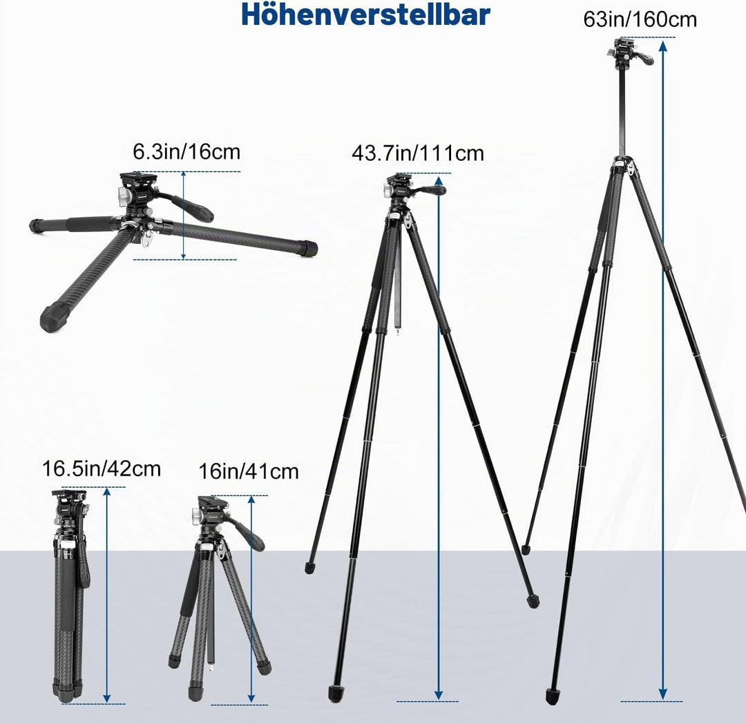 Koolehaoda Kamera Stativ Reisestativ 160 cm Carbon Stativ mit 360° Panorama Fluidkopf & Kurze Mittel
