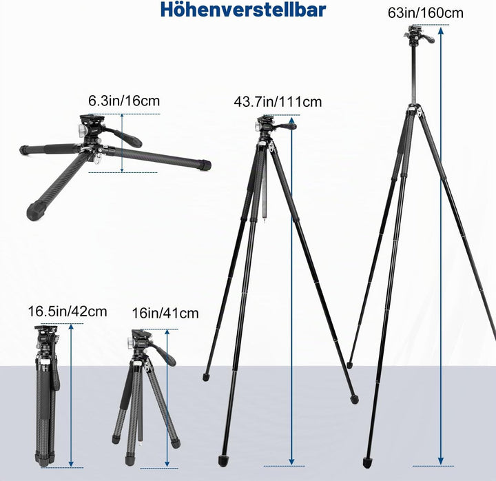 Koolehaoda Kamera Stativ Reisestativ 160 cm Carbon Stativ mit 360° Panorama Fluidkopf & Kurze Mittel