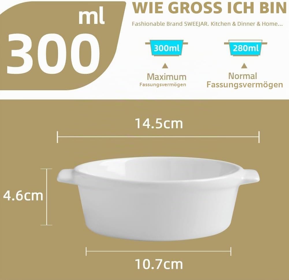 Sweejar Home Keramik-Souffle-Schalen, runder Griff, 300 ml, für Pudding, Creme Brulee, Souffle, 6 St