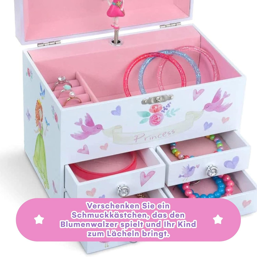 Jewelkeeper - Märchenprinzessin und Herzen grosse Musikschmuck-Aufbewahrungsbox mit 4 ausziehbaren S