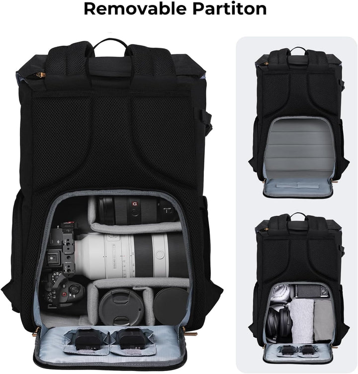 K&F Concept Kamerarucksack Rolltop 20L Fotorucksack Wasserdicht Robuste Rucksack-Stofftaschen aus St