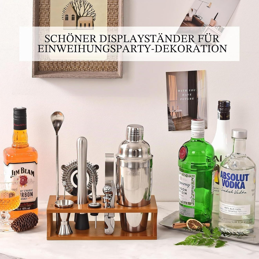 Cocktail Shaker Set mit Bambus Ständer & Rezeptbuch, Edelstahl 750ml Bar Cocktailset Cocktailshaker