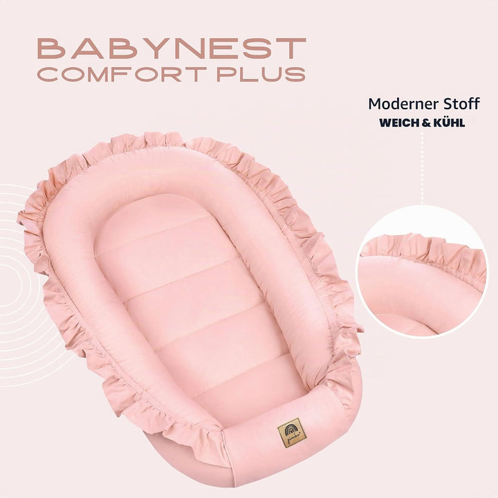 PIMKO Babynest mit rüschen Babynestchen für Baby Kuschelnest Babykokon für Säuglinge und Neugeborene