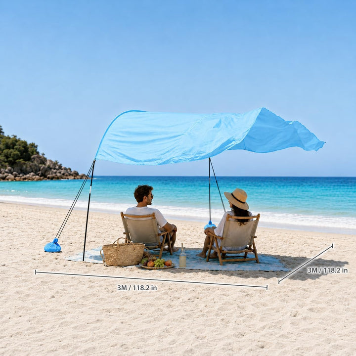 3 m x 3 m Strand Sonnenschutz, leichtes Strandzelt Sonnensegel mit vormontierten Sandsäcken &amp; Abspan