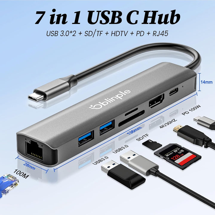 7 in 1 USB C Hub, Multiport Ethernet Adapter mit 4K HDMI, PD 100W, LAN RJ45, USB 3.0 5Gbps, USB 2.0