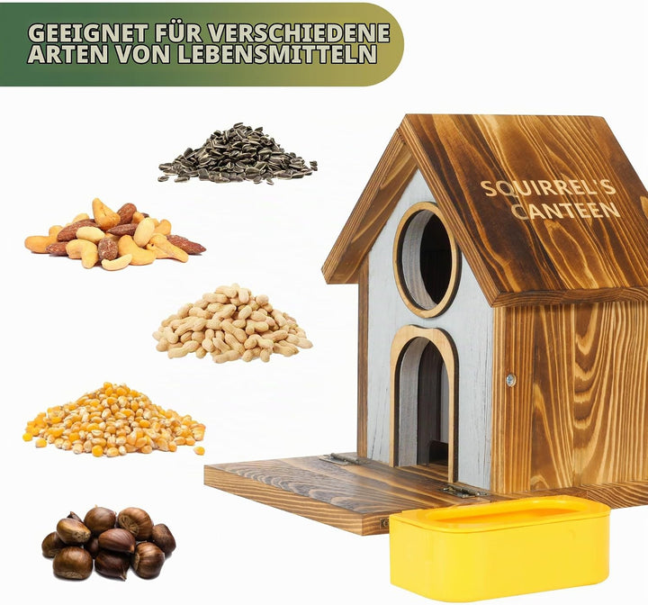 MIXXIDEA Eichhörnchen-Futterstation aus Holz mit Wasserschale, grosse Kapazität, Eichhörnchen-Futter