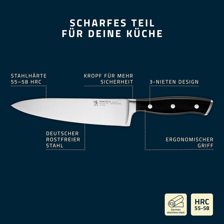 HENCKELS by ZWILLING Accent Messerset 3-tlg, Spick-, Fleisch- und Kochmesser, Schwarz mit Nieten