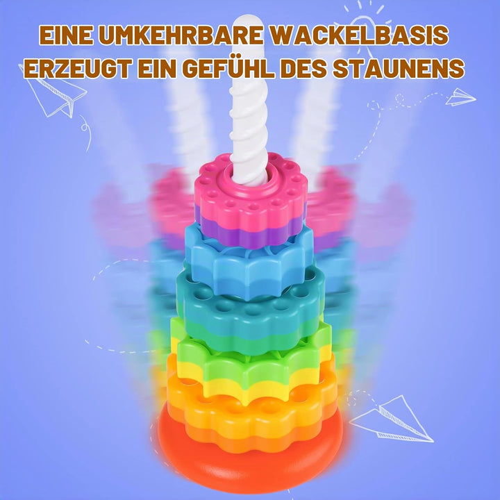 35cm Stapelturm mit Drehfunktion, Regenbogen-Stapelringe Spielzeug für Kinder, Zweifarbige drehende