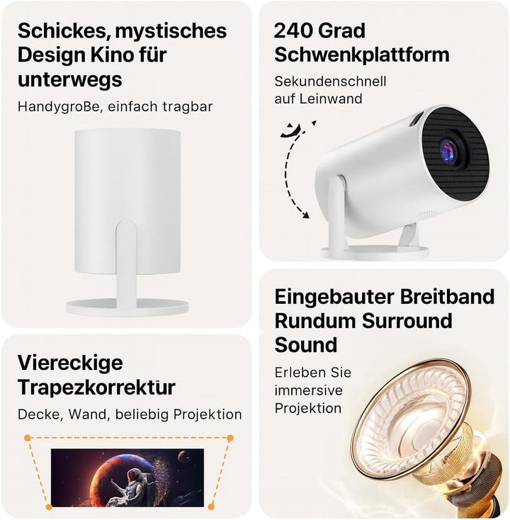 HY300 PRO Mini Beamer, 4K 1080P Unterstützung, mit Android 11, WiFi 6, unterstützt Airplay & Miracas