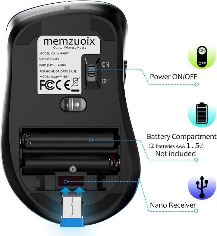 memzuoix Kabellose Maus 2.4GHz, Tragbare Optische Wireless Maus 1400 DPI mit Mini-USB-Empfänger, 5 T