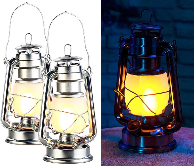 Lunartec Laternen: 2er-Set LED-Sturmlaternen mit Flammen-Effekt, 25 cm Höhe, silberfarben (Camping-L
