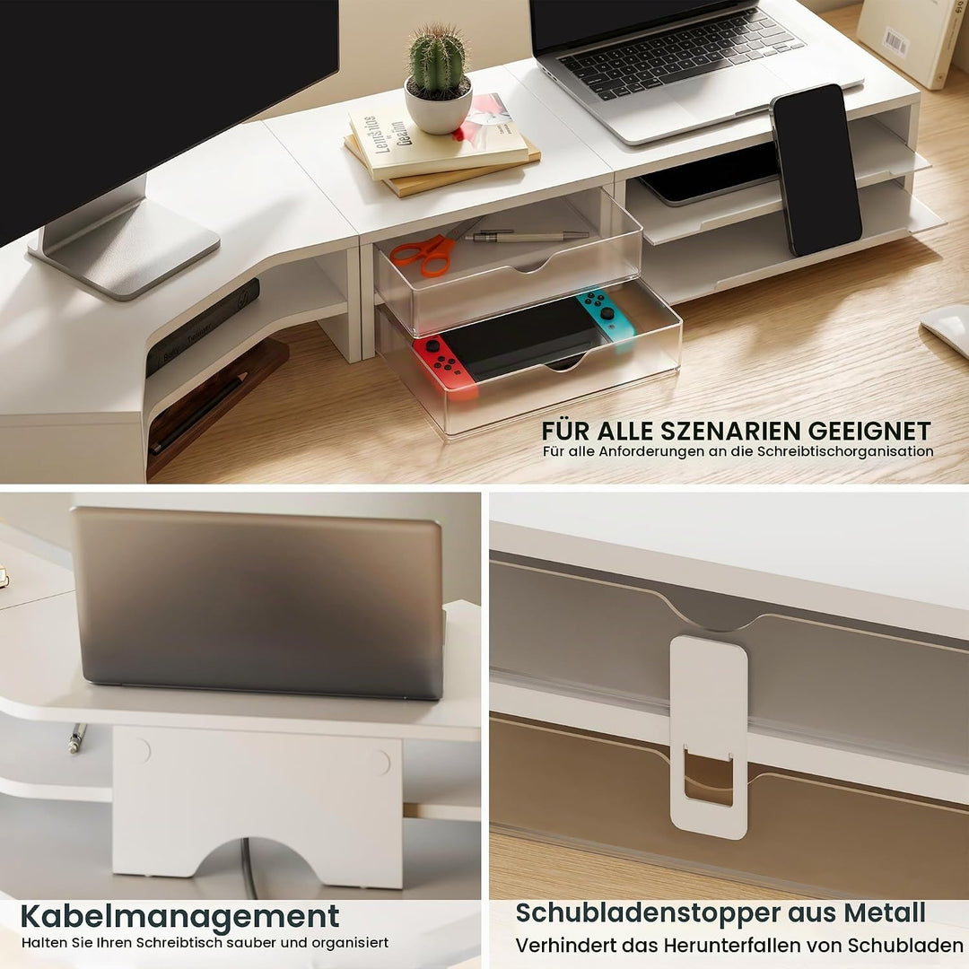 Fenge Monitorständer 3 in 1, Dual Monitor Stand mit Schublade und Ausziehbarem Tablett, L-Förmiger E