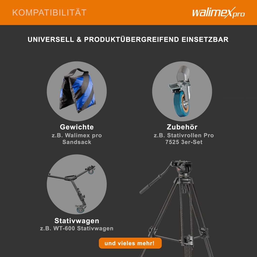 Walimex Pro EI-9901 Video-Pro-Stativ (max. Höhe 138 cm, Videoneiger, Mittelspinne, Belastbarkeit 6 k