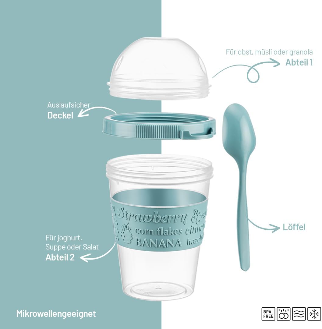 Müslibecher to go mit Löffel, 4er SET 600ml, Praktischer Joghurtbecher to go, Wiederverwendbarer Müs